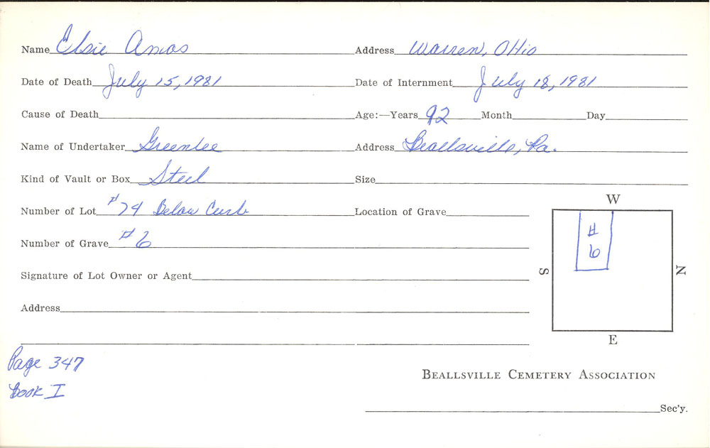 Elsie Amos burial card